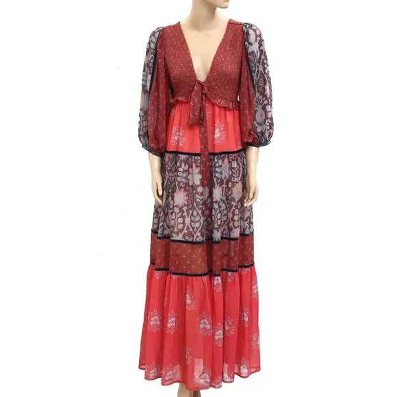 Free People Bali Laurel Maxi Dress Floral Printed Smocked Cutout Lace S  281221